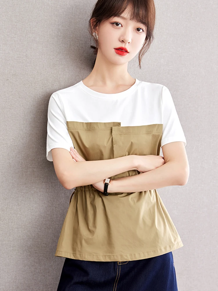 

2025 Summer New Women Short Sleeve T-shirt Fashion Patchwork Design O-Neck Shirt Tees Retro Casual Versatile Tops
