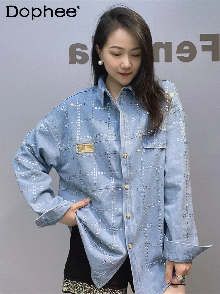 Retro Plaid Hot Drilling Denim Shirt Female 2024 Autumn Fashion High Street Loose Mid-Length Thin Denim Coat Women Tops