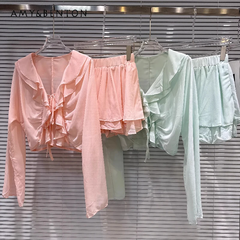 

2026 Summer New Temperament V-neck Ruffle Edge Women's Blouse French Design Sweet Elegant Short Skirt Light Skirts Suit Ladies