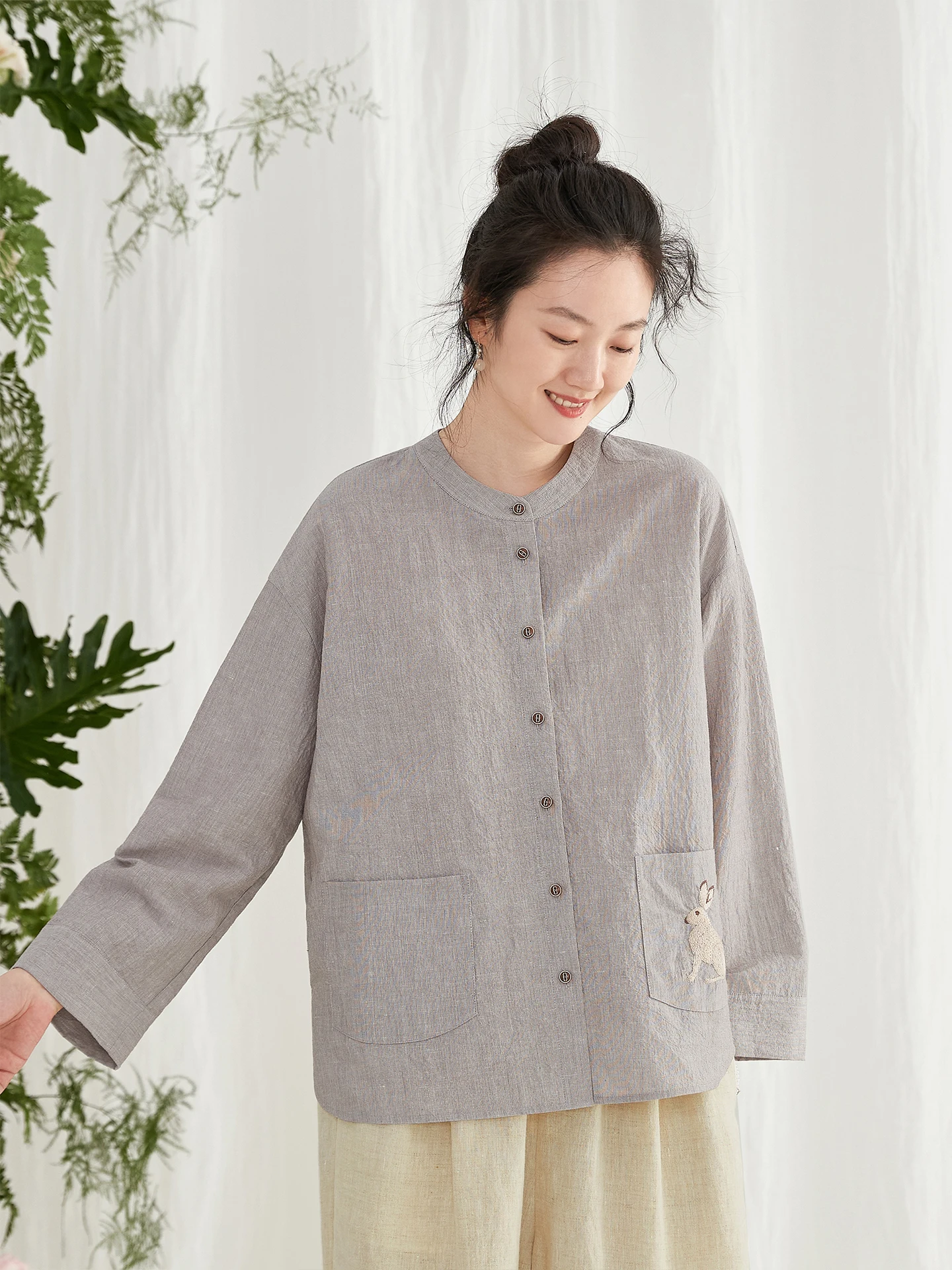 

Женская винтажная льняная блузка с вышивкой и длинным рукавом в полоску, простой национальный стиль, весенняя модная повседневная модель с круглым вырезом