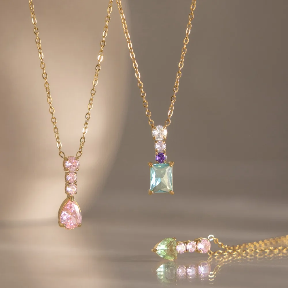 Temperament Sweet Stainless Steel Colored Gems Heart Square Teardrop Zircon Pendant Necklace for Women Dainty Jewelry Colorfast