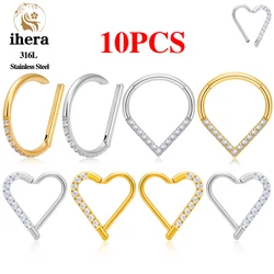 10PCS Stainless Steel D Shape Water Drop Nose Rings 16G CZ Septum Ring Ear Cartilage Tragus Helix Daith Earring Piercing Jewelry