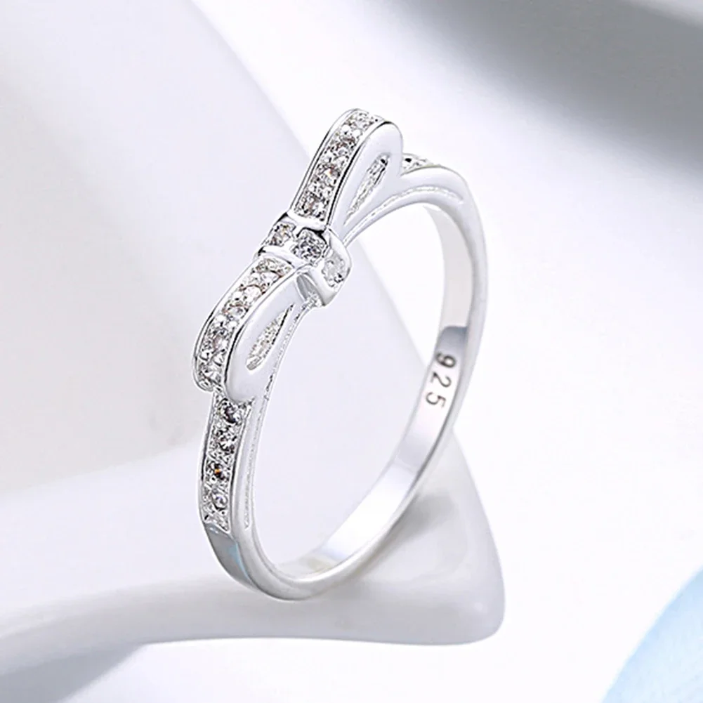 Luxury charm 925 Sterling silver Rings For Women Simple Bowknot crystal size 6-9 Fashion Party Gifts wedding diamond Jewelry