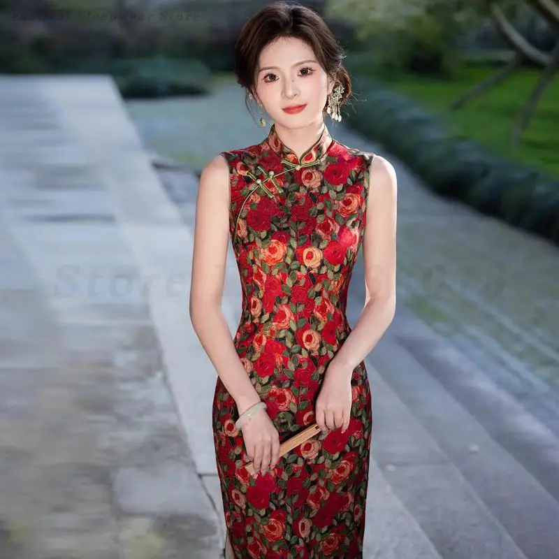 

Print Flower Vintage Cheongsam New Chinese Style Sleeveless Slim Qipao Female Elegant Temperament Evening Party Gown Vestidos