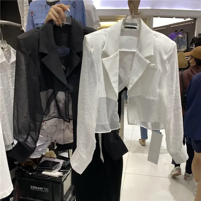Summer Long Sleeve Blazer Women Streetwear Open Back Patchwork Thin Korean Fashion Jacket Sun Protection Black Suit Dresses
