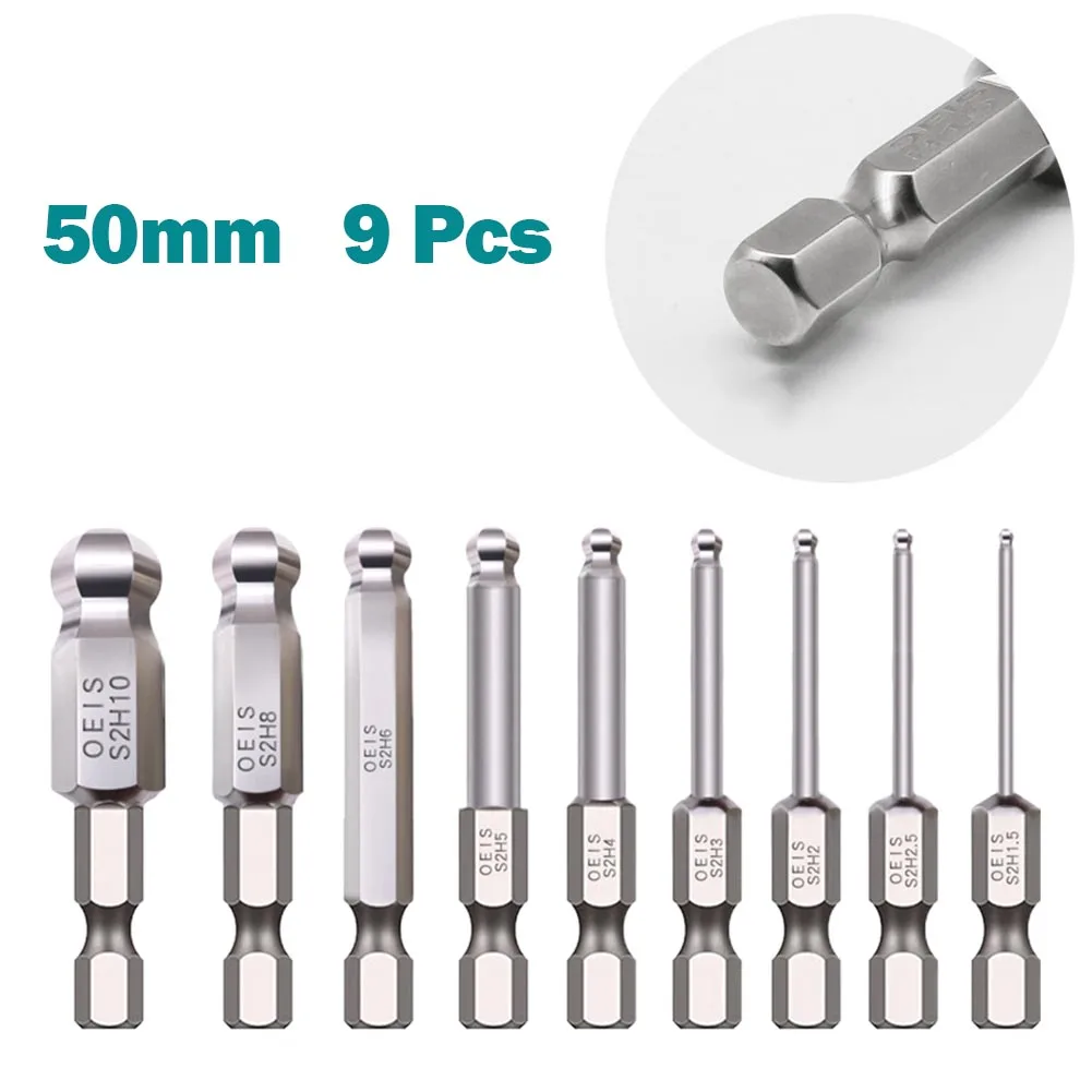 

9Pcs 50mm Magnetic-Ball End Hexagon Head Hex Alloy Steel Screwdriver Bits Drill Set 1.5/2/2.5/3/4/5/6/8/10mm Power Tool