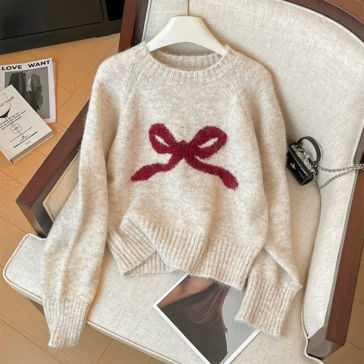 Gagarich Sweet Butterfly Knot Jacquard Round Neck Sweater Women Loose Spring Autumn Soft Glutinous Western Knitted Pullover Top