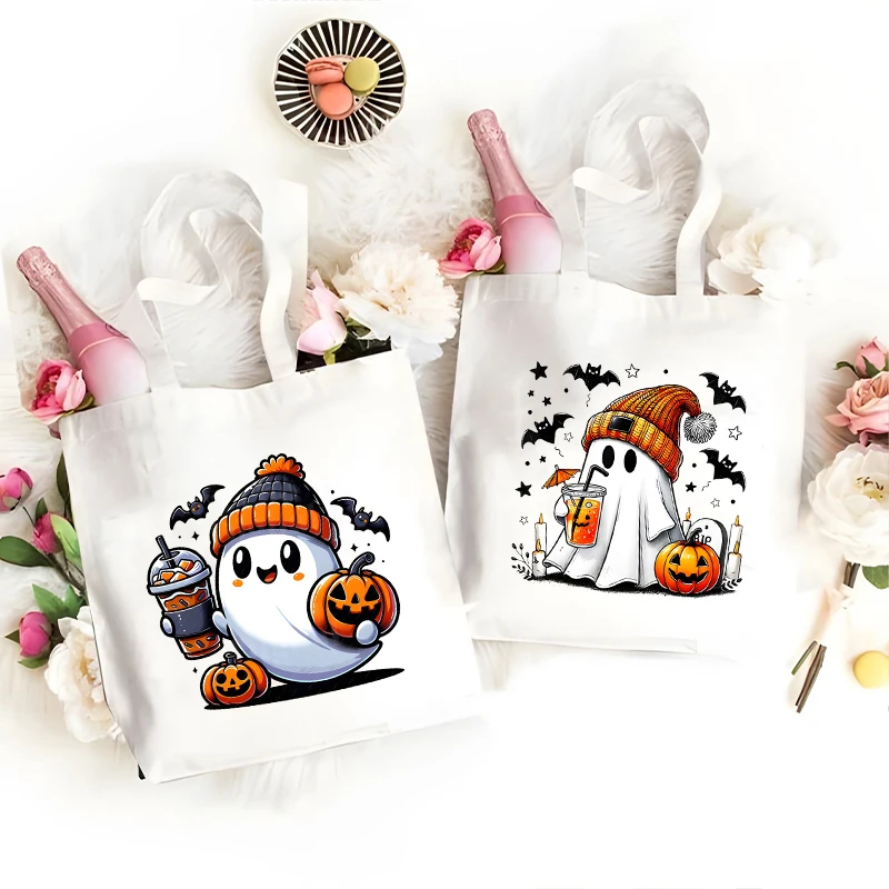 Happy Halloween Party Canvas Tote Bag Women Cute Shopping Bag Spooky Boo Season Boba Tea Pumpkins Shoulder Bag Female Handbag