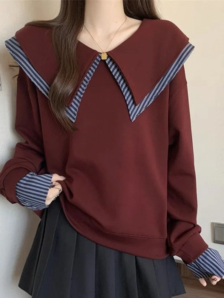 

Japan Sailor Collar Kawaii Sweatshirts Women Vintage Preppy Style Patchwork Pullover Spring Lady Loose Long Sleeve Fake Two Tops