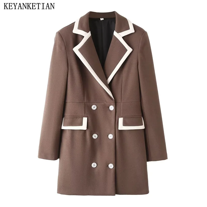 

KEYANKETIAN Winter New Women's British style Mid-Length Woolen Coat Contrast Piping Flap Pockets Double Breasted Slim Blazer Top