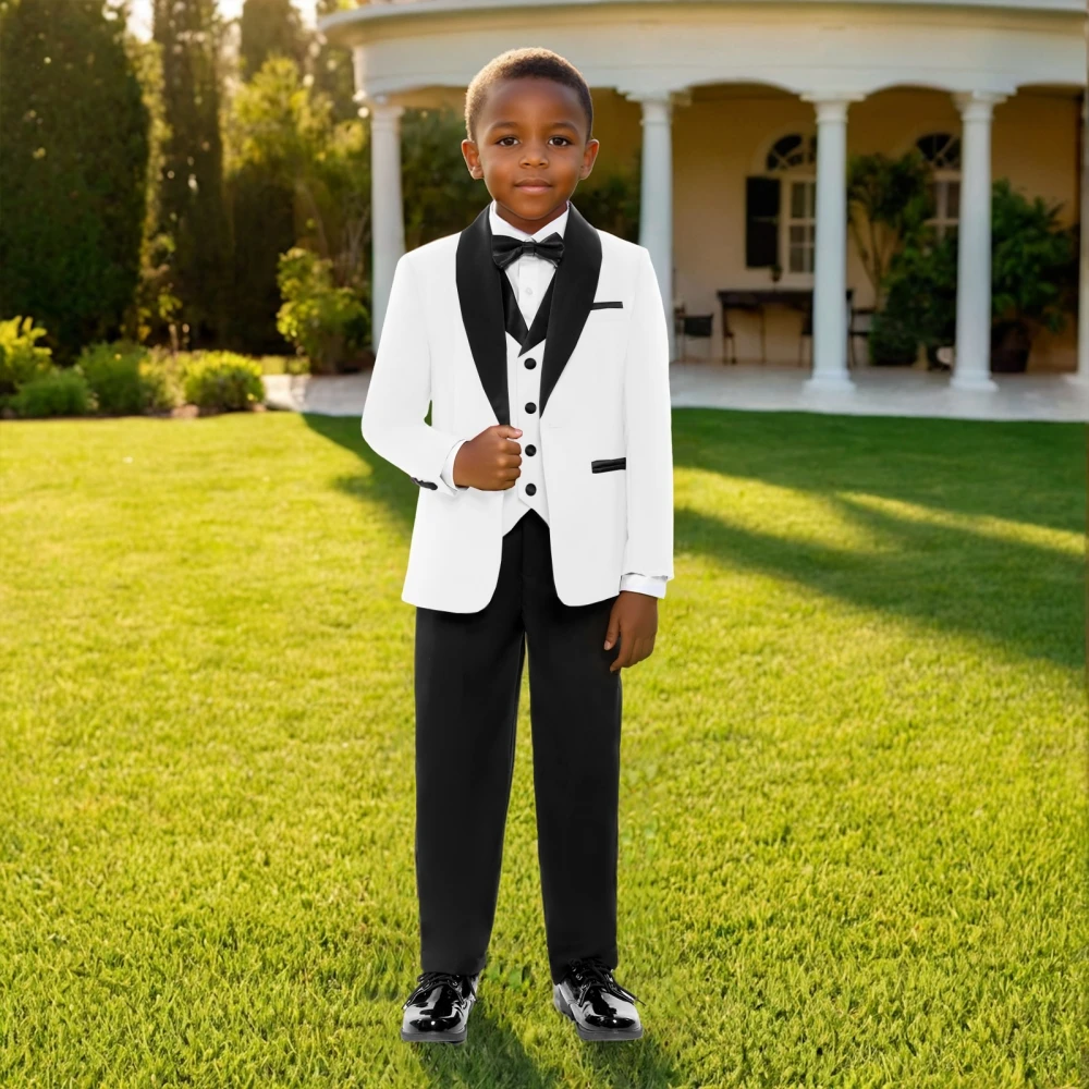 Popular White Child Suit Set 4 Pieces Blazer Vest Pants Bow Tie Wedding Birthday Party Classic Boy Slim Fit Suits For Activities