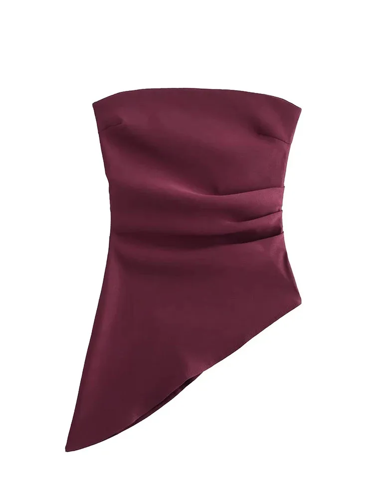 2025년 여름 여성 패션 지퍼 튜브탑 플리츠 비대칭 장식 오프숄더 슬림 탑 여성 스트릿웨어 Y2K