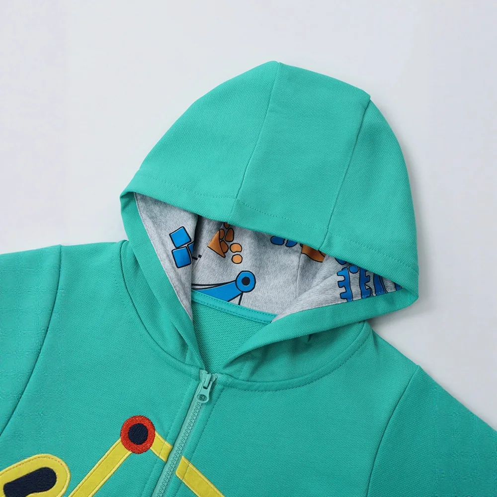 Baby Boys Fashion Cartoon Excavator Embroidered Long Sleeve Hooded Zipper Hoodies Coat Children's Spring Autumn Casual Jacket