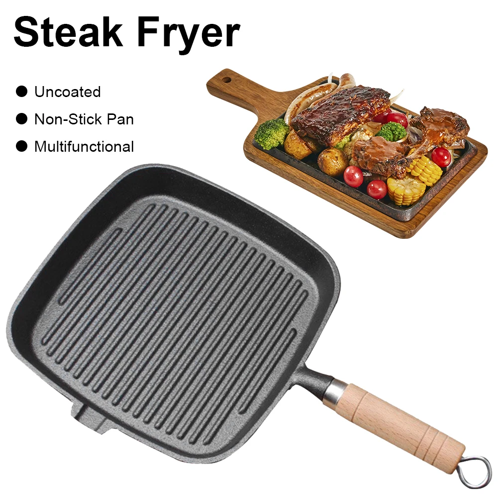 Iron Skillet Frying Pan with Wooden Handle Uncoated Non-stick Cooking Pot Steak Frying Pot Steak Skillet Home Cookware