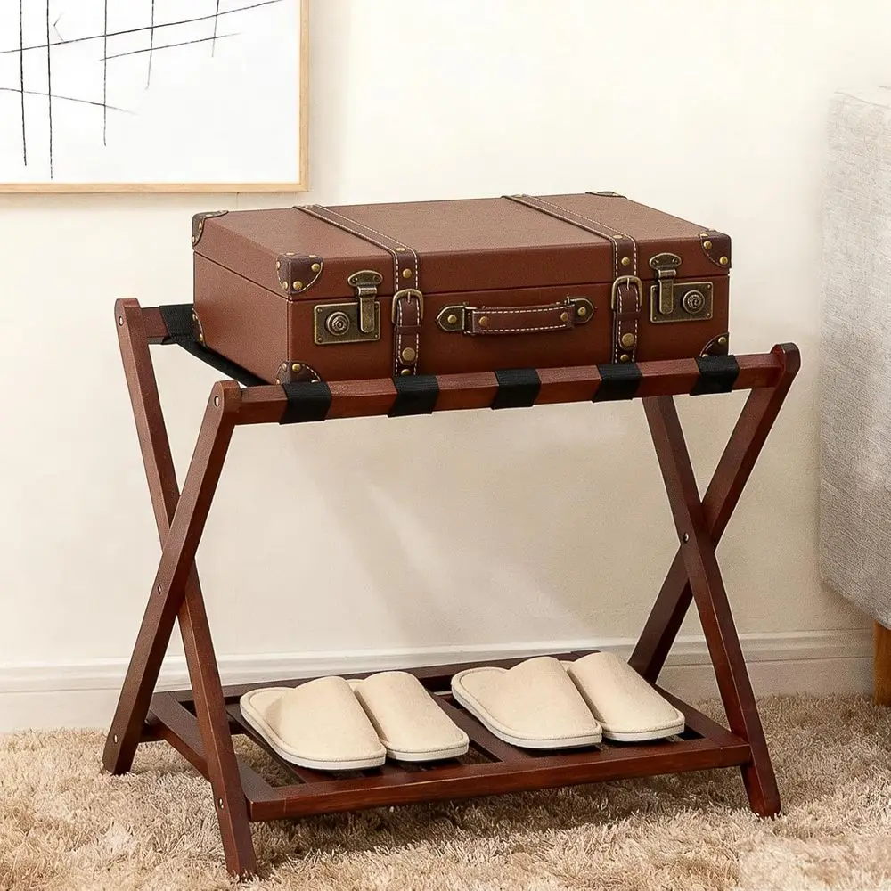 

Room Suitcase Stand with 3-Layer Lacquer and Storage Shelf, Heavy-Duty Up to 150 lbs, No Assembly Required, Ideal for Bedroom, H