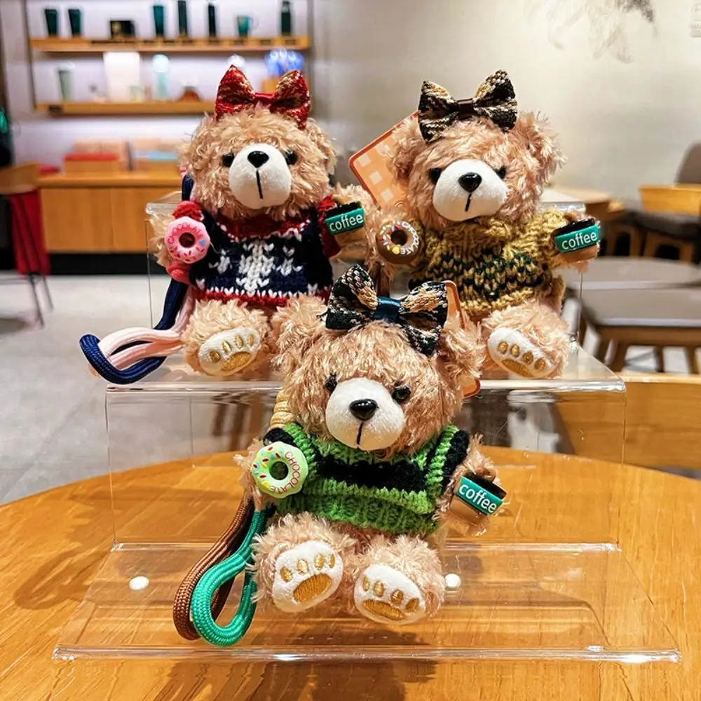 

Funny Plush Donut Cocoa Bear Keychain Cartoon Soft Bow Coffee Bear Pendant Hanging Ornament Bear Doll Keyring Bag Accessories