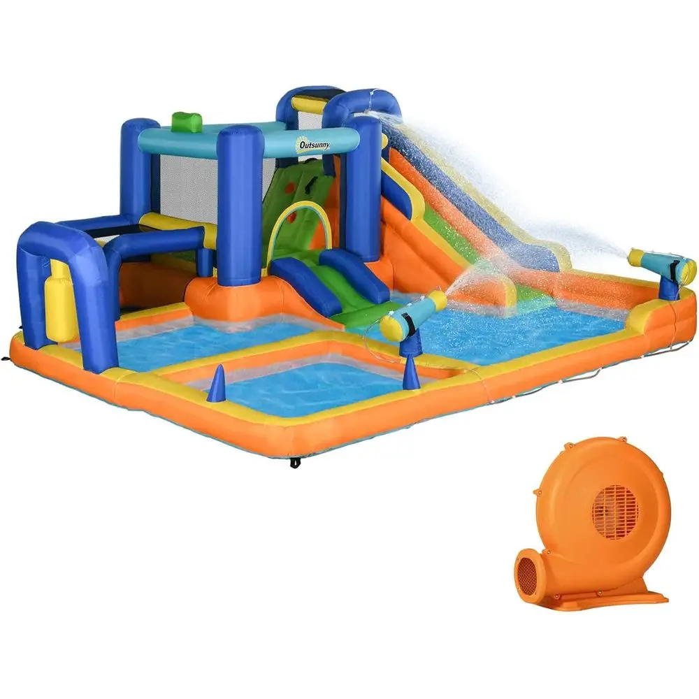 شرائح مائية قابلة للاستخدام للأطفال 7 في 1، منزل ترتد، حديقة مائية، قلعة قفز مع حمام سباحة مائي، منزلق، هدف كرة القدم، كرة السلة