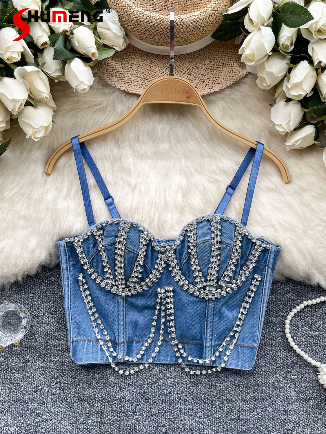 

Women's 2024 Summer New Diamond-Embedded Chic Female Temperament Trendy Tops Fashion Retro Sexy Girl Denim Sling Tube Top Vests