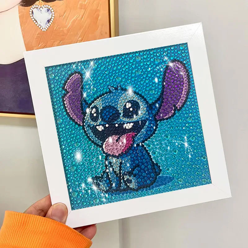 17x17cm With White Frame 5D Full Round Drill Diamond Painting Kit Cute Big Ears Blue Alien Pet Boba Milk Tea Sparkle Cyan Bubble view 4