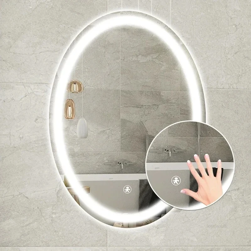 Smart Oval Bath Mirrors Touch Screen Anti-fog LED Light Bathroom Mirror Toilet Body Induction Wall-mounted Lighted Makeup Mirror