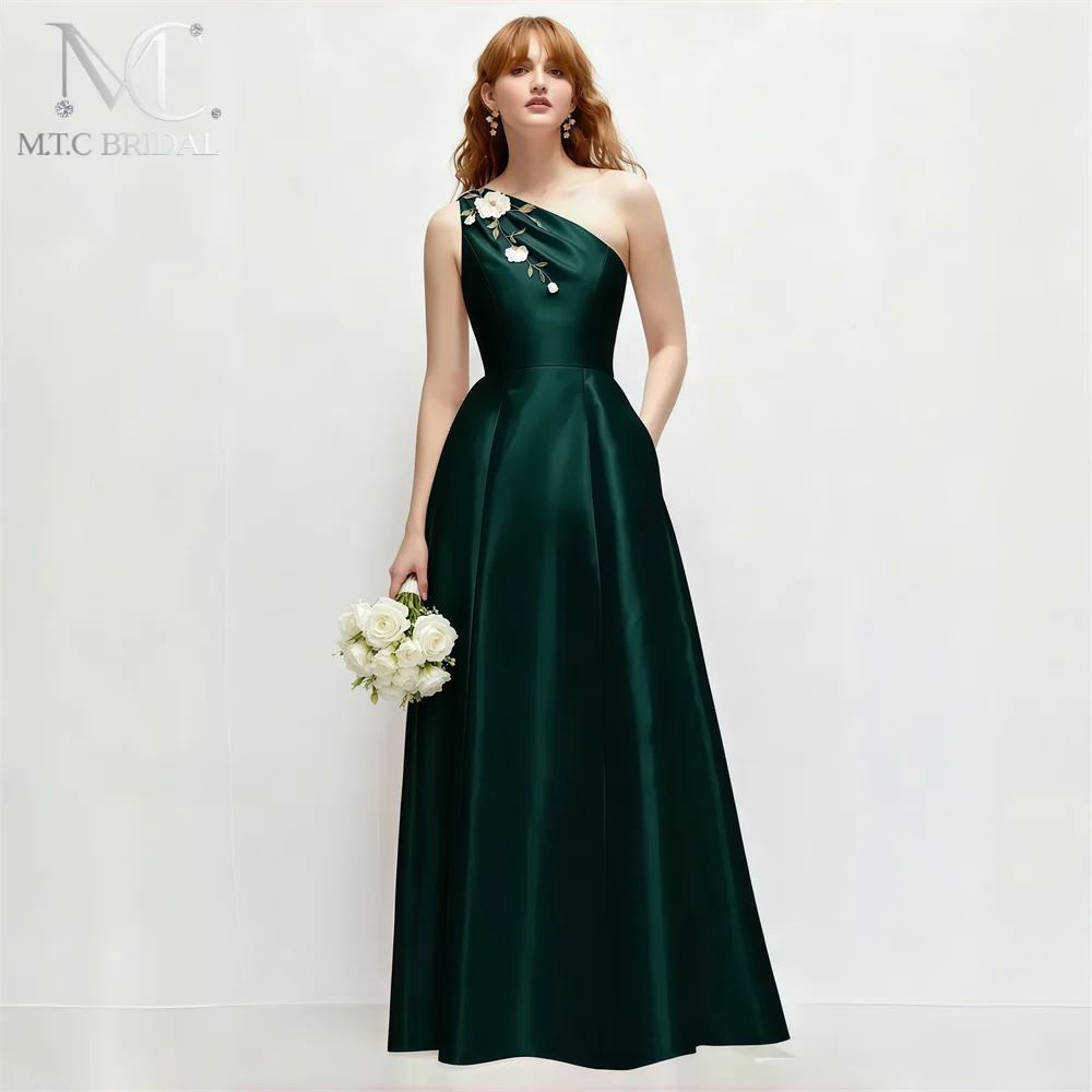 Simple Dark Green Long 2026 Bridesmaid Dresses Appliques Satin One Shoulder A Line Corset Maxi Women Wedding Party Gowns Cheap