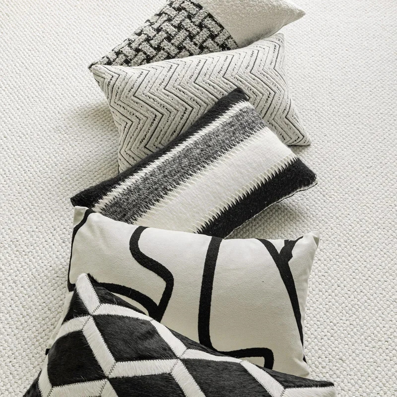 New Modern Luxury Lumbar Pillow Cover 12x20in Black and White Embroidered Jacquard Pillow Covers Decorative for Sofa Home Decor