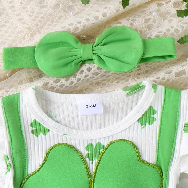 St Patrick s Day Baby Girl Outfit Green Shamrock Print Romper Dress with Matching Bow Headband Set for Infants and Toddlers