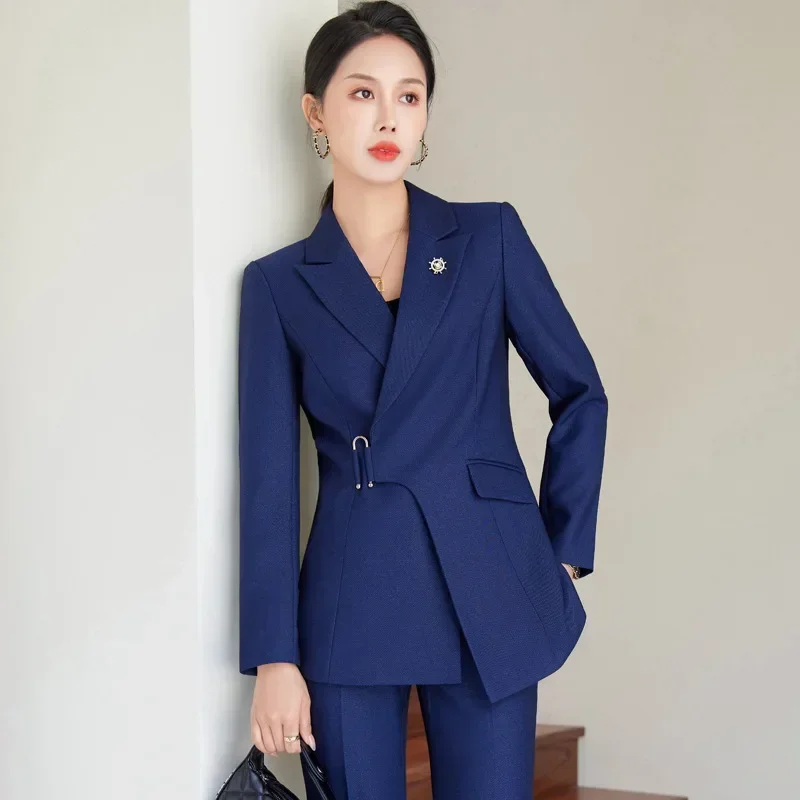 Setelan pakaian kantor wanita, jas biru Set 2 buah Blazer + celana wanita jaket musim semi kantor wanita bisnis pakaian kerja mantel pernikahan Tuxedo Dress Prom