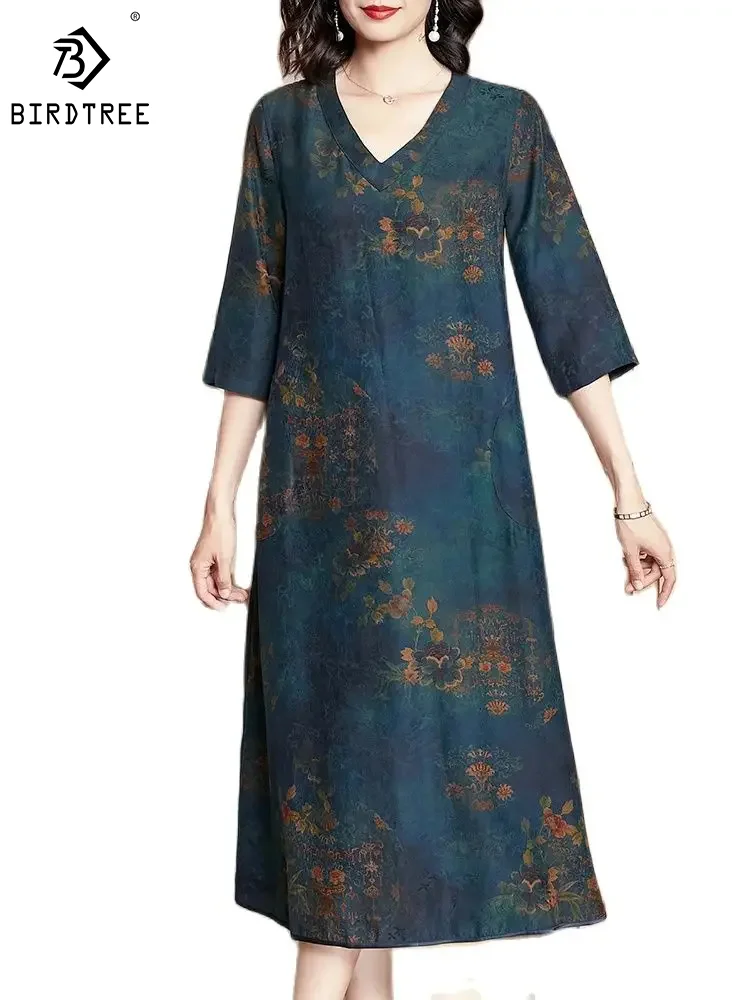 BirdTree 100%Real Silk Women Dresses, XiangYunSha V-Neck 3/4 Sleeves Floral, Loose Elegant Retro Dress, 2024 Spring New D42240QM