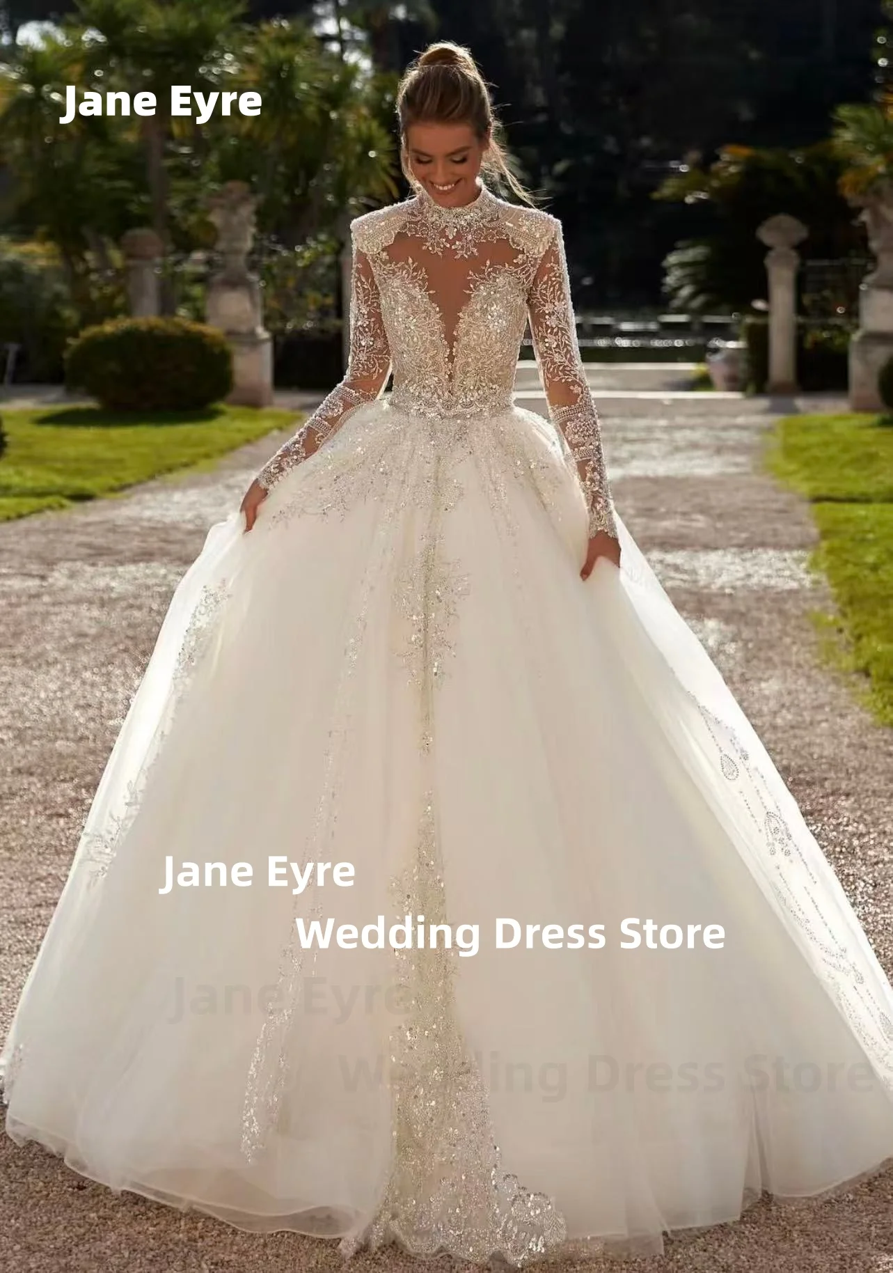 ジェーン・エア魅力的なハイネックのウェディングドレス女性のための花嫁長袖レース Vestido デ カサメントパーソナライズされたカスタマイズ