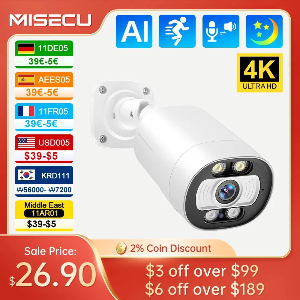 MISECU 4K POE Security Camera 8MP 5MP Outdoor CCTV Camera Two Way Audio Full Color Night Vision Home Security Protection