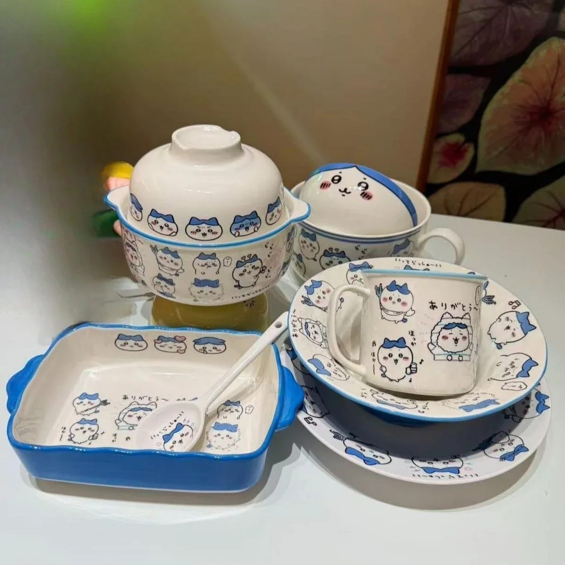 Chiikawa Hachiware Usagi Momonga Ceramic Bowl Set Straw Hat Mug Noodle Cup Cute Cartoon Tableware for Home School Dorm