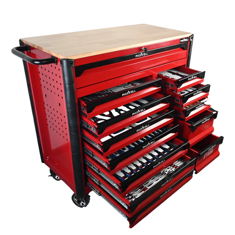 

13 Drawers Tool Cabinet 11 Trays Tool Set Wood Top with Hot Wheels and Sliver EVA