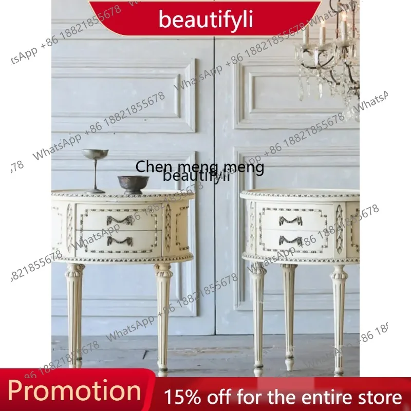 ss 8617  American-Style Solid Wood Vintage Carved Bedside Table Phone Table French Simplicity Side Table Locker Oak s8350