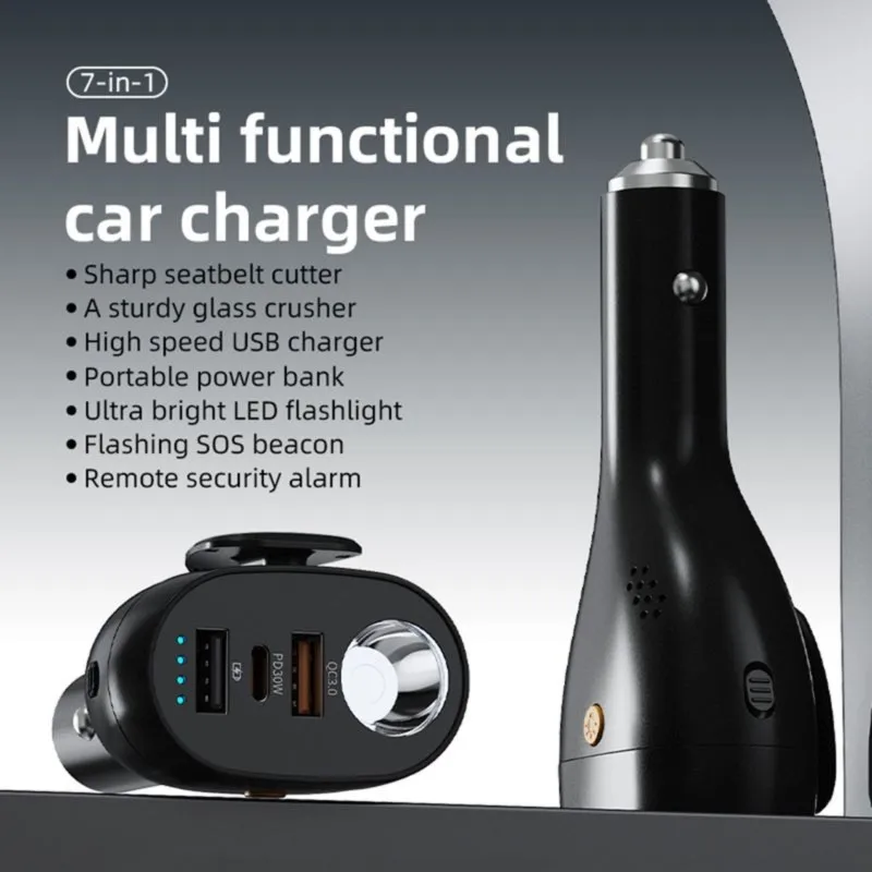 Super Sale 7 in 1 Emergency Car Charger Safety Hammer LED Flashlight 22.5W Super Fast Charging Portable Car Emergency Tool