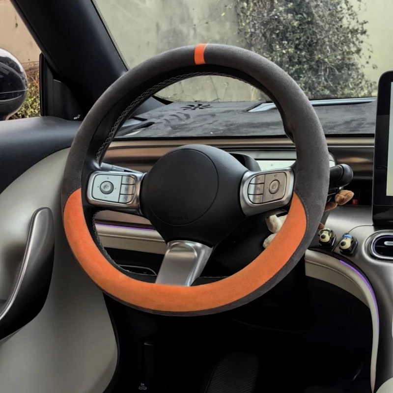 Car Steering Wheel Covers Cowhide Suede Steering Wheel Cover Wrap Universal 37-38cm Breathable Steering Covers Car Accessories