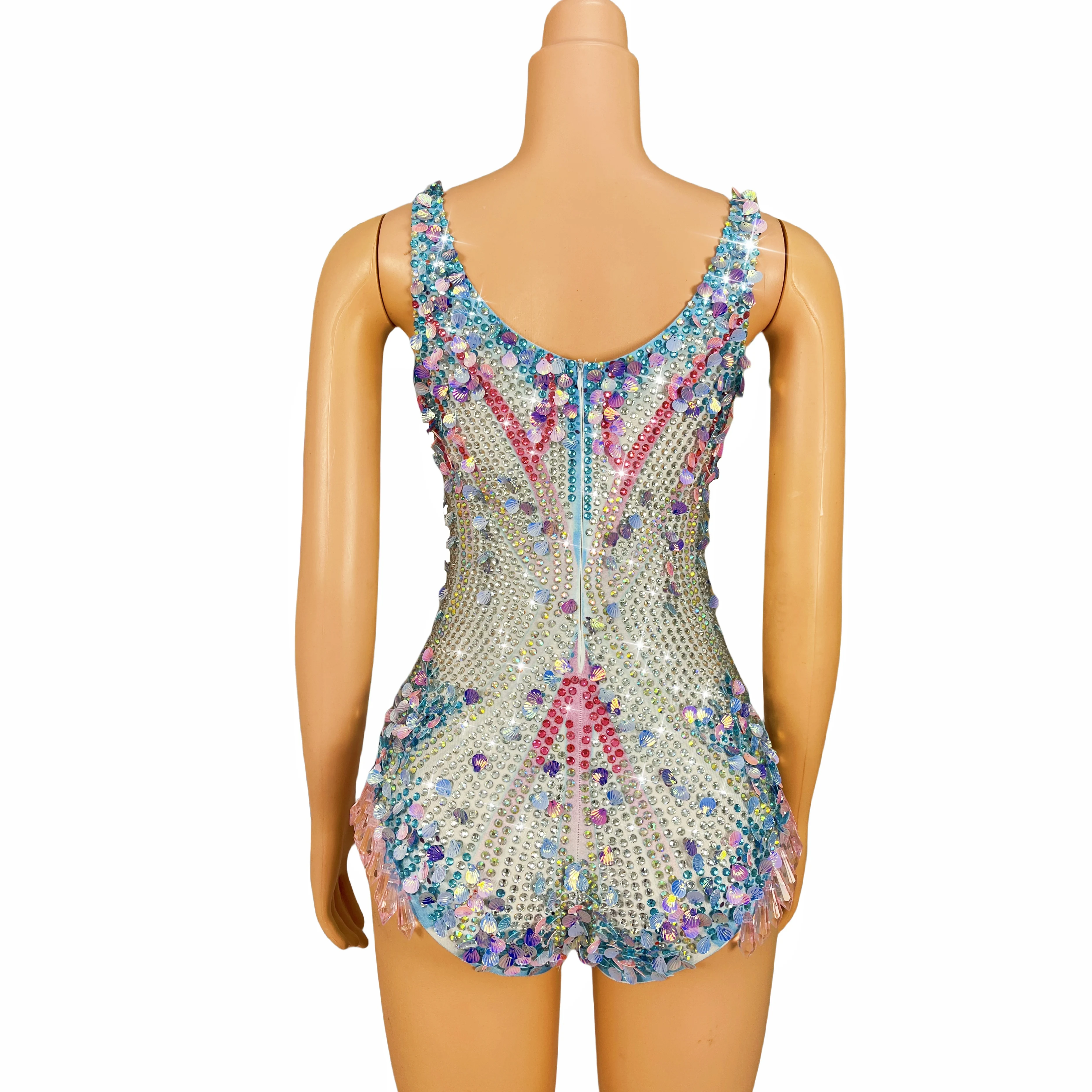 Luxury color rhinestone sequins sleeveless bodysuit onesie sexy stretch outfit birthday prom collection lanmeimei