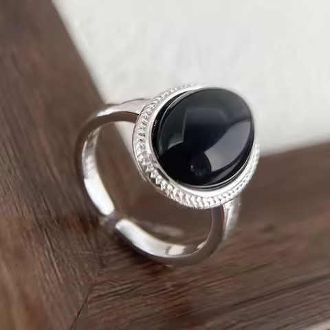 925 Sterling Silver Rings For Women Men Couple Minimalist Handmade Simple Oval Black Stone Ring For Birthday Party Gift