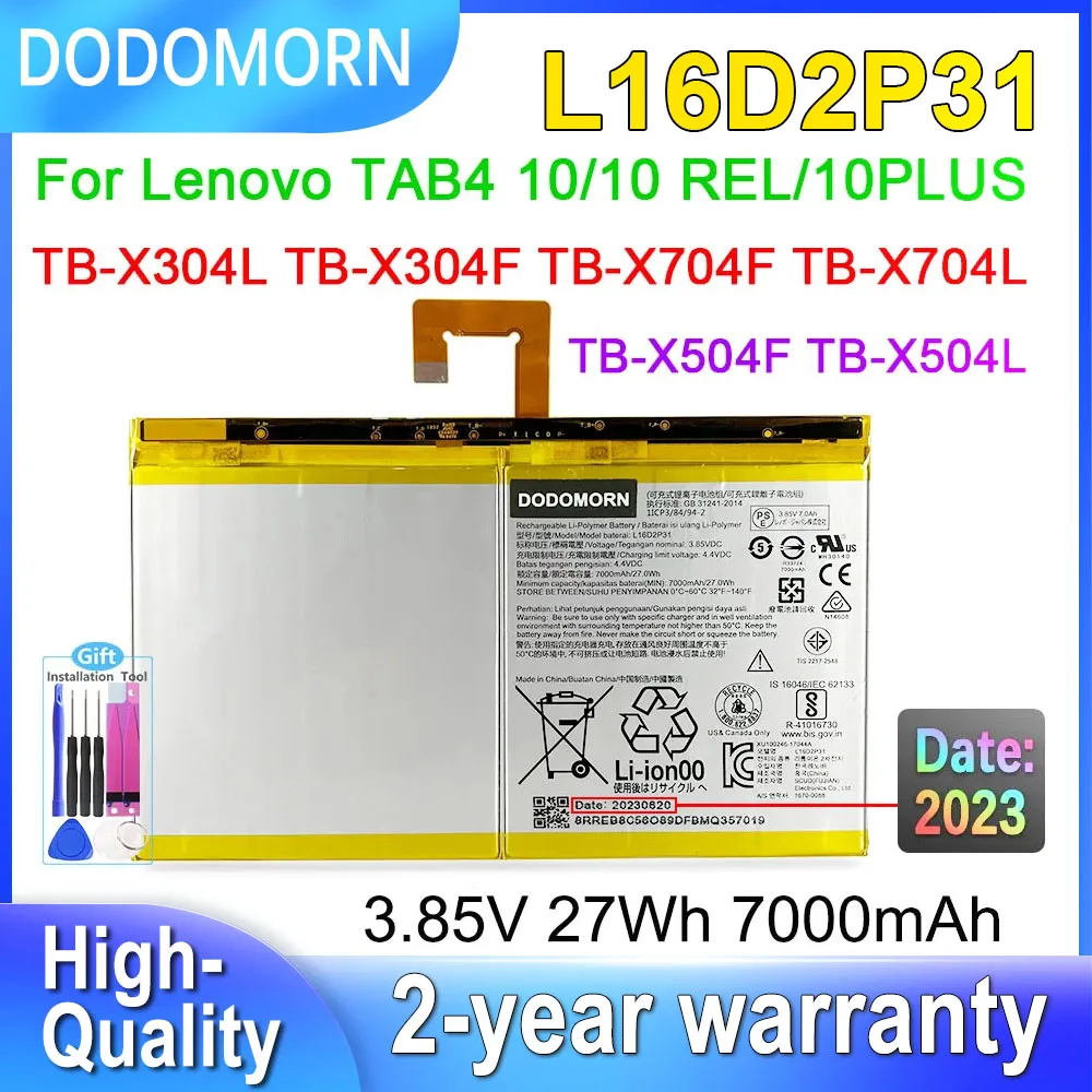 

DODOMORN L16D2P31 Tablet Battery For Lenovo Tab 4 10 10REL 10Plus TB-X304L TB-X704F X504F X504L X504F 1ICP3/84/94-2 3.85V 27Wh