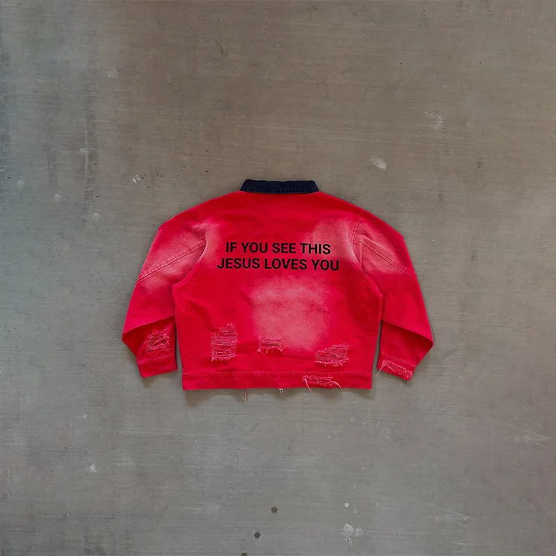 

Y2K винтажная потертая куртка с буквенным принтом и графическим рваным дизайном, куртка на молнии с контрастным воротником, мужская и женская модная уличная одежда