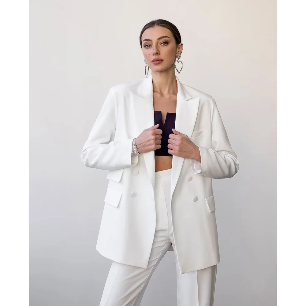 White Peak Lapel Double Breasted Women Suits Two Piece Elegant Basic Solid Female Suit Casual Office Pants Sets (Blazer+Pants)