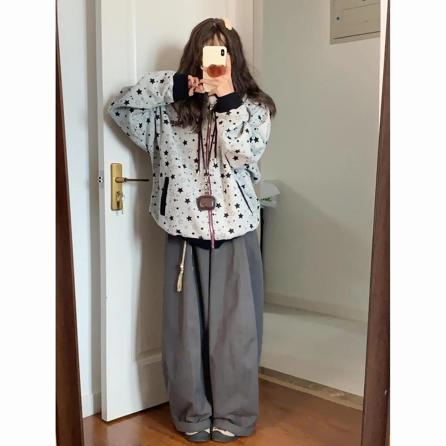 プリント刺繍ジッパー中国綿複合薄型ルーズファッショナブルな韓国スタイルデザイン花柄スター