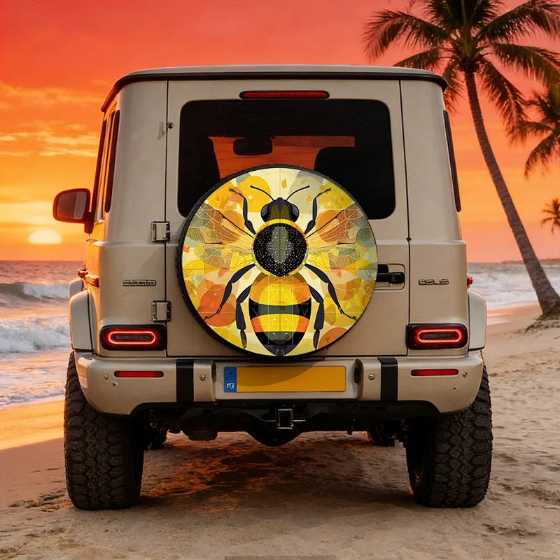 Vintage Bee Pattern Spare Tire Cover Compatible For - Retro Geometric Spare Tire, Polyester Wheel Cover, Fit For Most Vehicles,