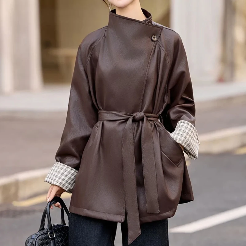

Корейская куртка из искусственной кожи, женское элегантное уличное пальто с длинными рукавами, осень-зима, тонкая офисная женская верхняя одежда на шнуровке