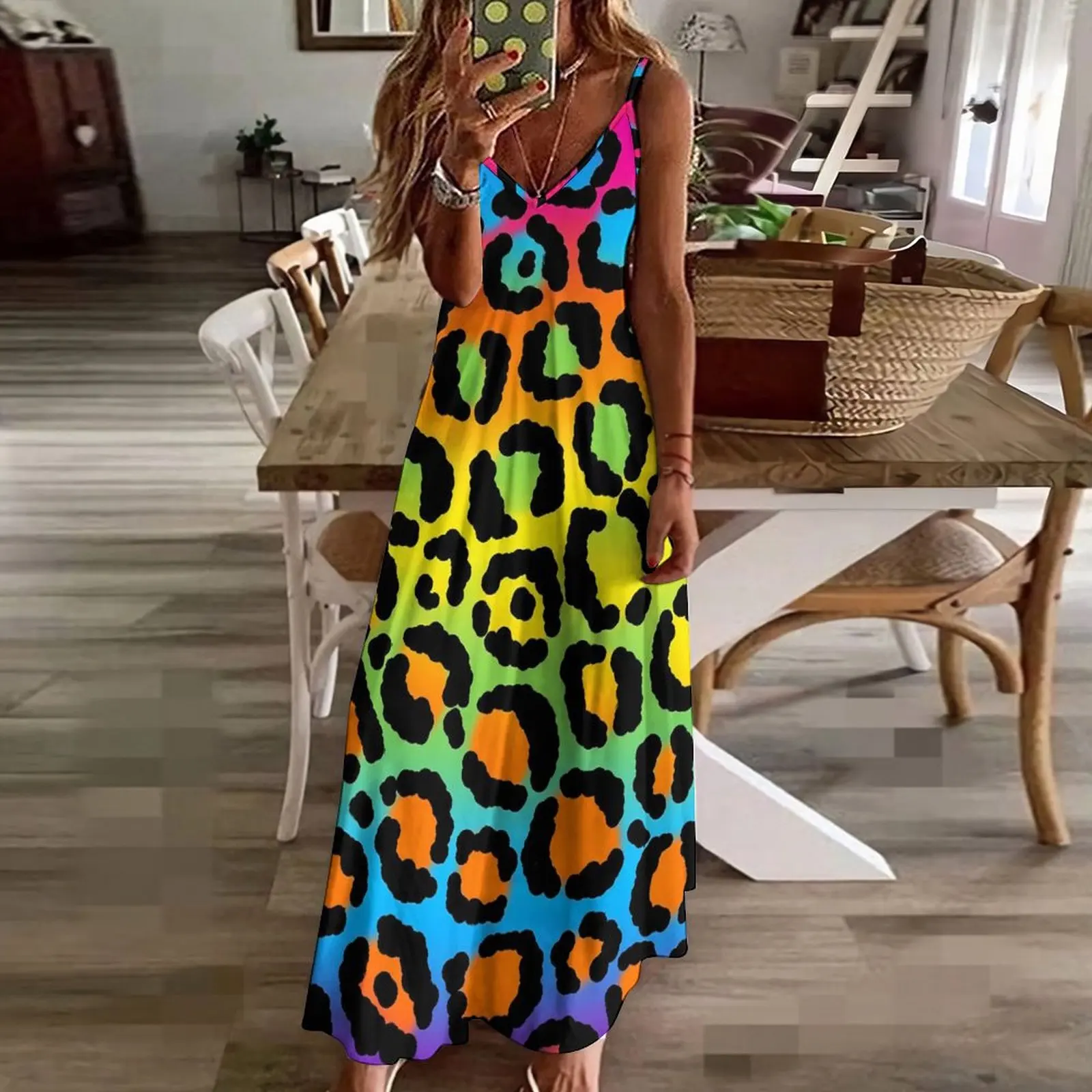 1997 neon regenboogjurk luipaardprint esthetische boho strand lange jurken vakantie vintage maxi-jurk grafisch vestido verjaardagscadeau