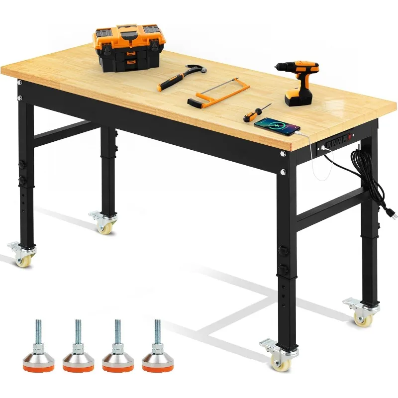 Adjustable Workbench,Rolling Heavy-Duty Worktable with Power Outlet and Wheels,Large Load Capacity Rubber Wood Top Workbe