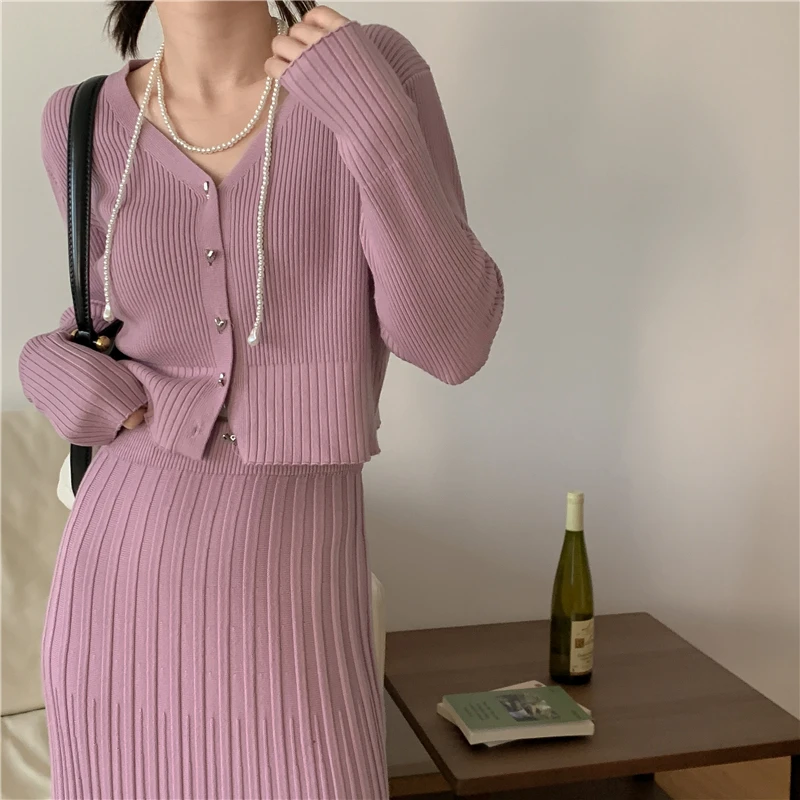 Autumn Winter Knitted Two Piece Skirt Set Women Elegant V Neck Single Breasted Top Midi Skirt Set Vintage Party Suit Outfit Chic