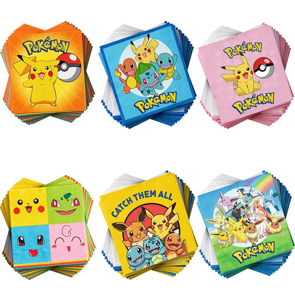 Servilleta de Pokémon, suministros para fiesta de cumpleaños, servilleta de papel de Pikachu, decoración de cumpleaños, regalos de cumpleaños para niños y niñas, 20/40/60/100 Uds.
