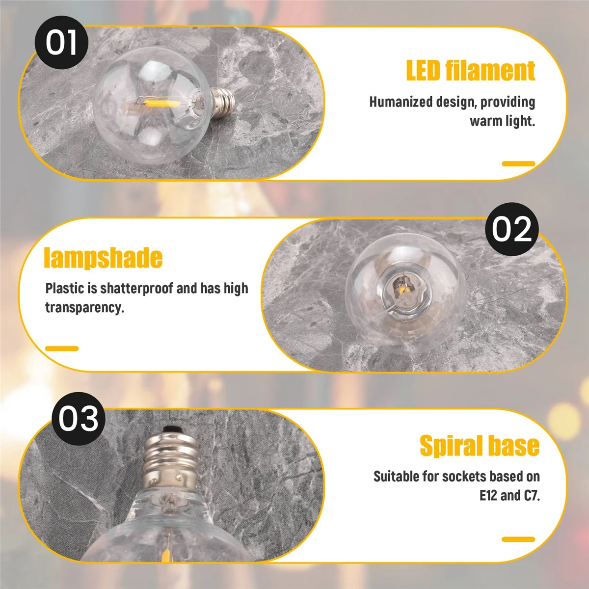 태양 스트링 조명용 비산 방지 LED 글로브 전구, 따뜻한 흰색, G40 LED 교체 전구, E12 나사 베이스, 6 개