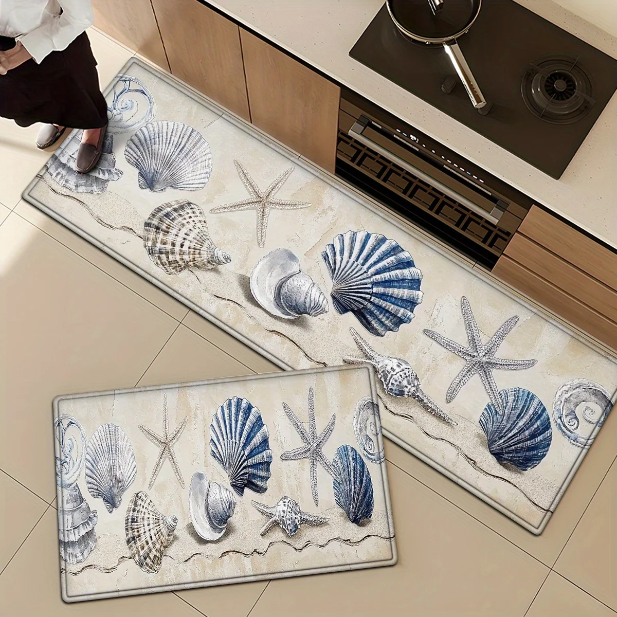 1 2 3 Starfish Patterns, Light Blue Shells, Watercolor Illustration Style Flannel Padded Kitchen Rug Non-Slip Washable, Bedroom Door Mat, Living Room Bathroom Absorbent Mat Set, Non-Slip Floor Mat, Hallway Mat, Floor Mat